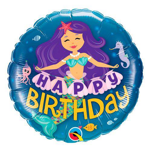 Balão Metalizado Redondo 18 Polegadas - Sereia de Feliz Aniversário - Qualatex