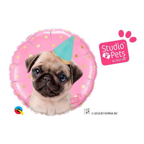Balão Metalizado Redondo 18 Polegadas - Studio Pets Festa Pug - Qualatex