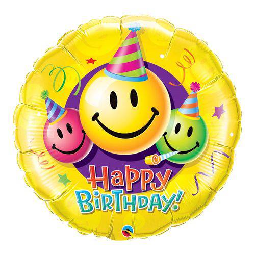 Balão Metalizado Redondo 9 Polegadas - Carinhas Sorridentes de Aniversário - Qualatex