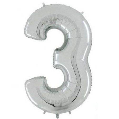 Balão Número 3 Metalizado Prata - 40cm X 30cm