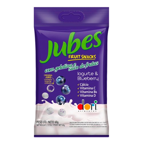 Balas de Goma Dori Jubes Fruit Snacks Iogurte e Blueberry 60g