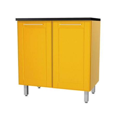 Balcão Cozinha 2 Portas com Tampo Preto Fosco - Aço Galvanizado - Amarelo Curry - 80x70x50 Cm