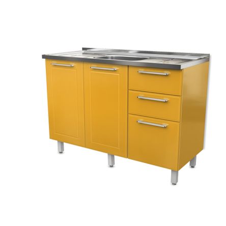 Balcão Cozinha 3 Portas 2 Gavetas C/ Pia - Aço Galvanizado - Amarelo Curry - 120x70x50 Cm