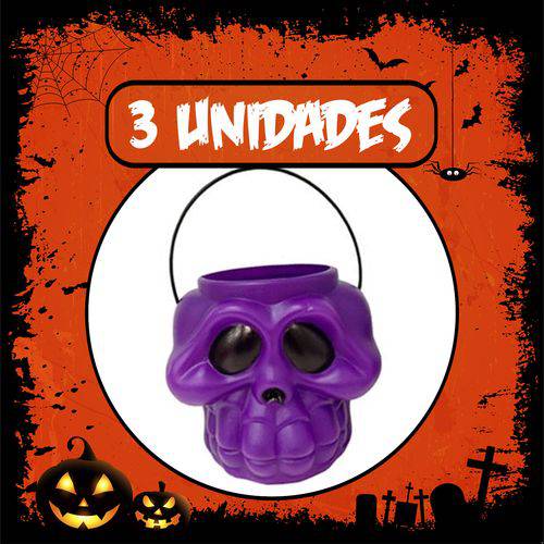 Balde Esqueleto / Caveira Halloween Roxo Grande | Kit C/3
