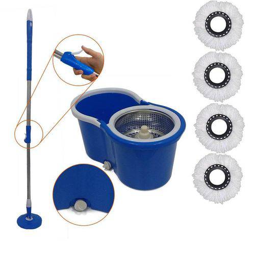 Balde Spin Mop Centrifuga Inox Esfregão 4 Refis - Azul