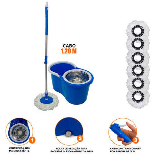 Balde Spin Mop Centrifuga Inox Esfregão 6 Refis - Azul