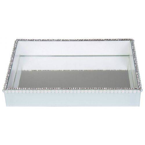 Bandeja Retangular de Vidro Espelhado Decorativa Branca com Pérolas e Strass 30X20 Cm - Veg
