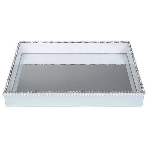 Bandeja Retangular de Vidro Espelhado Decorativa Branca com Pérolas e Strass 40x30 Cm - Veg
