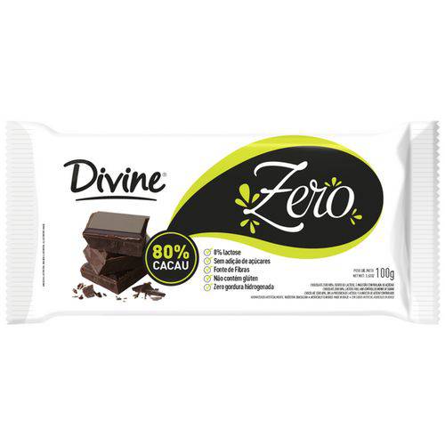 Barra de Chocolate 80% Cacau Sem Glúten e Zero Açúcar Divine 100g