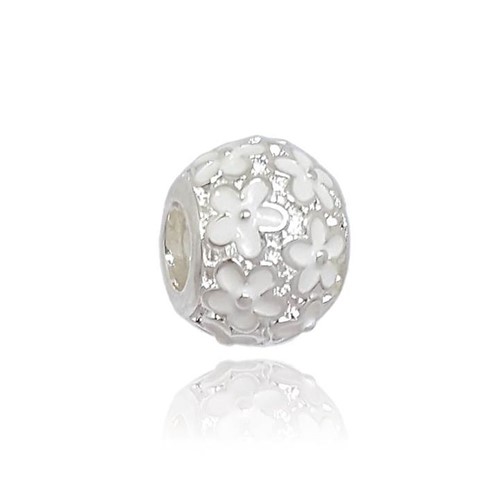 Berloque de Prata Modelo Separador Beads Floral Branca - 08612
