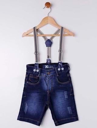 Bermuda Jeans com Suspensório Infantil para Menino - Azul