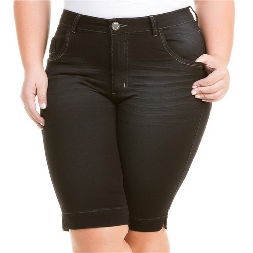 Bermuda Jeans Feminina Preta com Elastano Plus Size Confidencial Extra