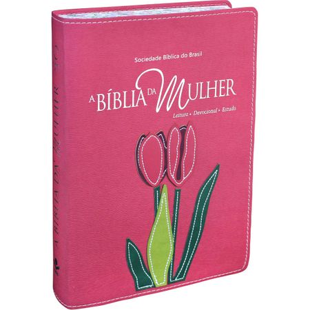 Bíblia da Mulher RA Grande Bordas Floridas Tulipa Relevo Pink