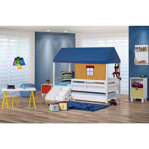 Bicama Infantil Prime com Grade de Proteção, Telhado Azul e Kit Escada/Escorregador - Casatema
