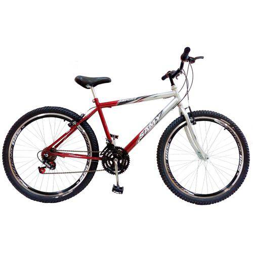 Bicicleta Aro 26 Masculina Prata/Vermelho 18 Marchas C/ Aros Aero