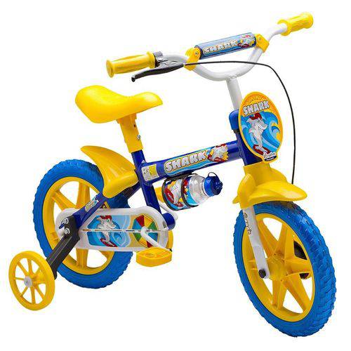 Bicicleta Infantil Aro 12 Nathor Shark Cesta e Garrafa Azul/Amarelo