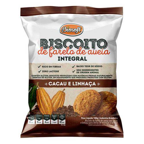 Biscoito de Farelo de Aveia Sabor Cacau e Linhaça Biosoft 100g