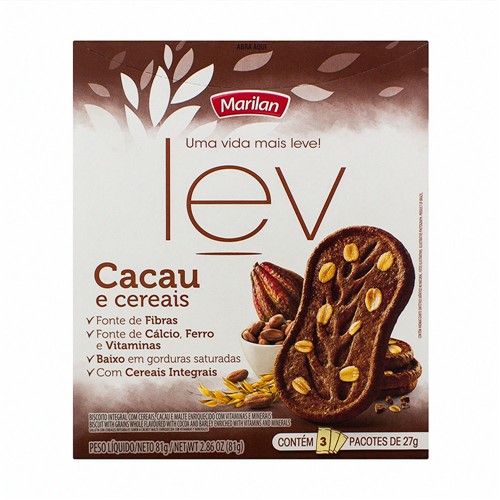 Biscoito Integral Marilan Lev Cacau e Cereais com 81g