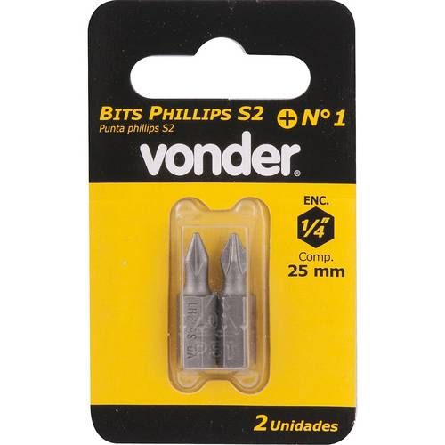 Bits Ponteira Philips 1/4 N.1 3/16x38mm Aço S2 com 2 Peças - Conjunto - Vonder