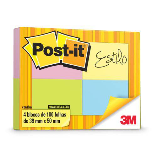 Bloco Adesivo Post-it® 653 38mmx50mm, Sortidos 4 Bl C/100 Fls - 3m