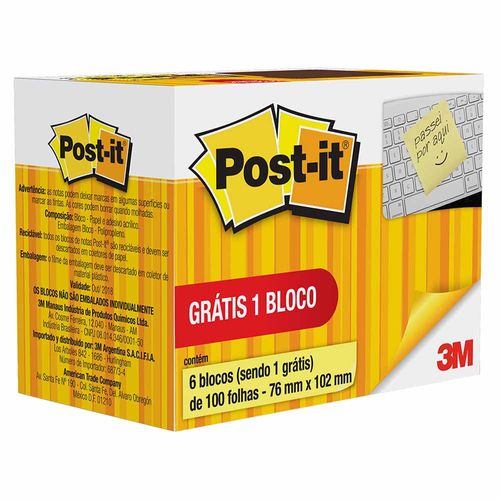 Bloco Adesivo Post-it 3M 76x102mm Amarelo 6x100 Folhas 999873