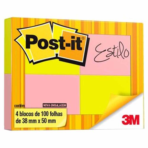 Bloco Adesivo Post-it 3M 38x50mm Neon 4x100 Folhas 1013043