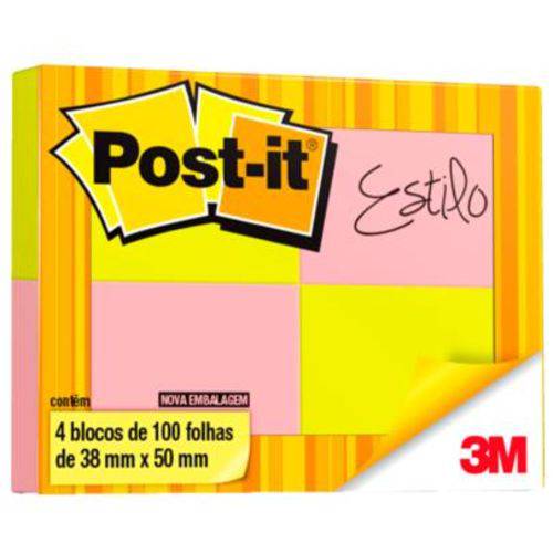 Bloco Adesivo Post-It® Neon Colorido - 38 Mm X 50 Mm - 4 Unidades de 100 Folhas Cada