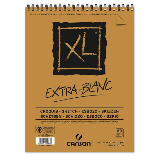 Bloco Espiralado Canson Xl® Extra Blanc 90g/M² A5 14,8 X 21 Cm com 60 Folhas – 200001869