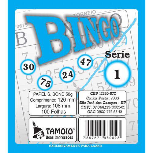Bloco para Bingo Azul 120x108mm 100 Folhas Pct.c/15 Tamoio