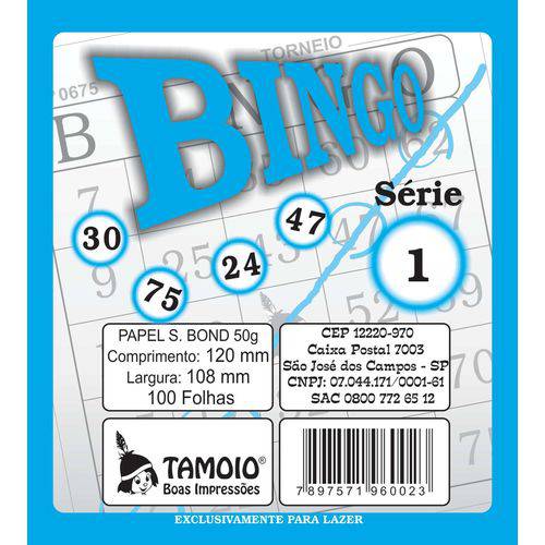 Bloco para Bingo Azul 120x108mm 100 Folhas Tamoio Pct.c/15