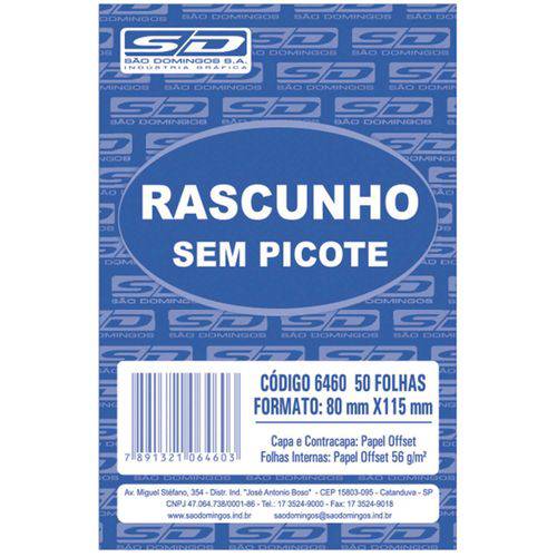 Bloco para Rascunho Sem Picote 80x115 50fls. Sao Domingos Pct.c/40