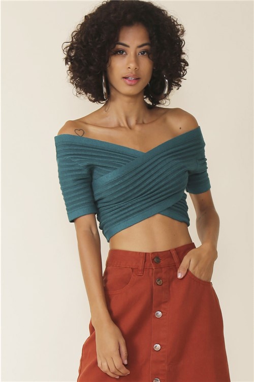 Blusa Cropped Tricot Ombro à Ombro - Verde Tamanho: M