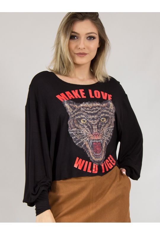 Blusa de Malha com Silk "Make Love Wild Tiger" G