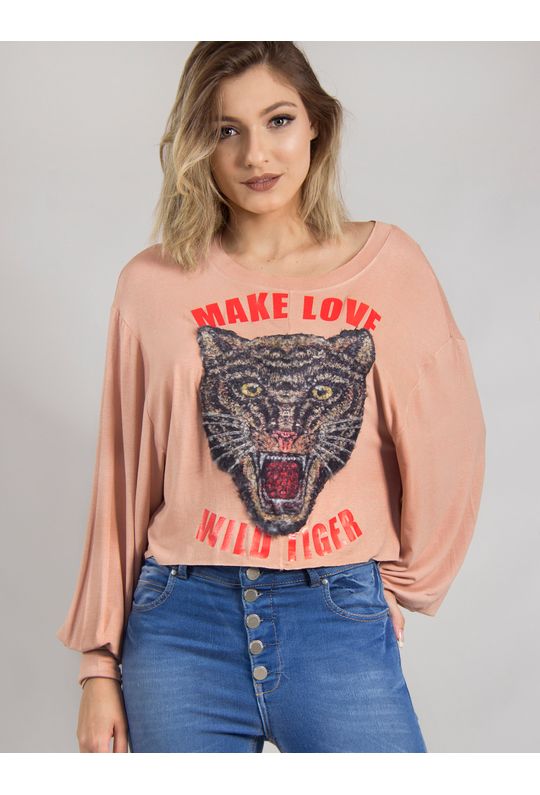 Blusa de Malha com Silk "Make Love Wild Tiger" P