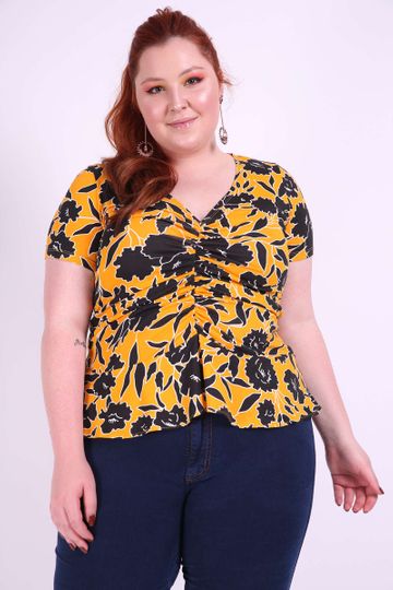 Blusa Estampada Floral Plus Size Amarelo P