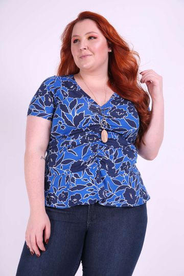 Blusa Estampada Floral Plus Size Azul Marinho GG