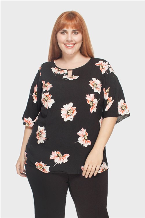 Blusa Estampada Floral Plus Size Preto-50