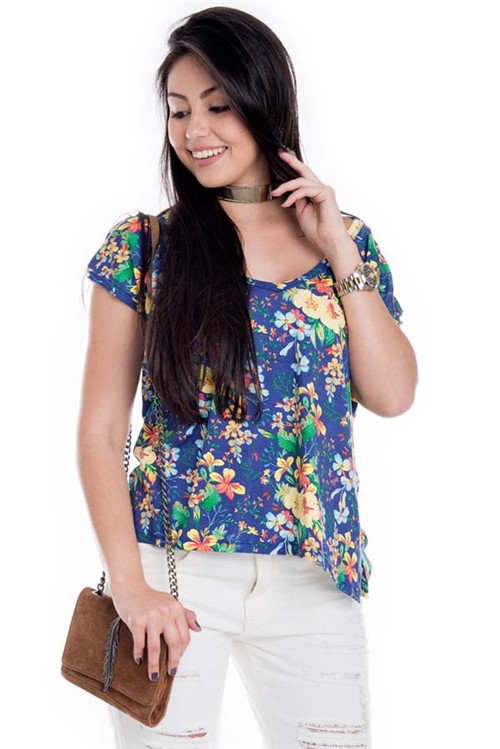 Blusa Feminina de Viscolycra Floral com Decote V BL3388 - Kam Bess