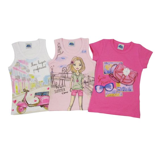 Blusa Feminina Infantil Kit com 3 Unidades Branca, Rosa e Pink-4