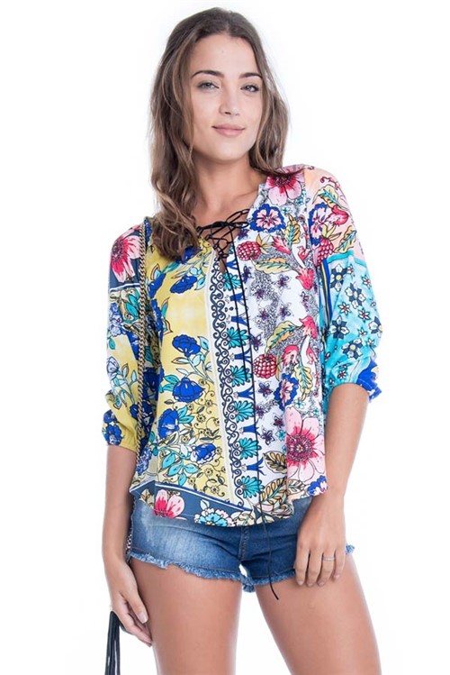 Blusa Floral com Decote Cordão BL2890 - P