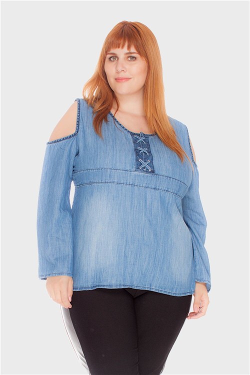 Blusa Maly Ombro Vazado com Ilhós Plus Size Azul-48