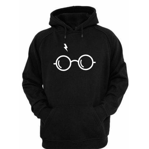 Blusa Moletom Casaco Unissex Harry Potter Óculos Cicatriz Geek Canguru com Capuz Preto