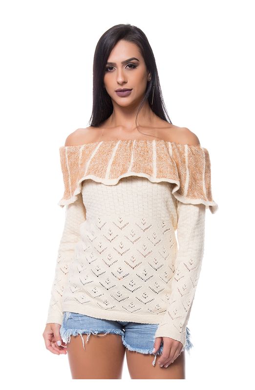 Blusa Tricot Mousse Ombro a Ombro U-Bege