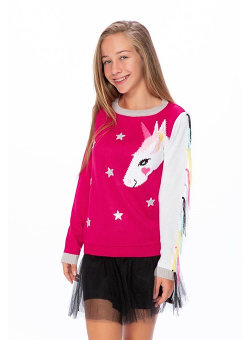 Blusa Tricot Unicórnio com Estrela - Pink 4 - Blusa Tricot Unicórnio com Estrela