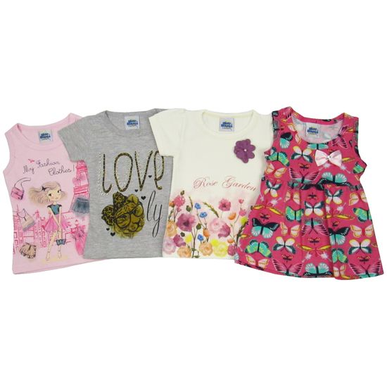 Blusas Bebê Feminina Kit com 4 Unidades Rosa, Cinza Mescla, Creme e Pink-1