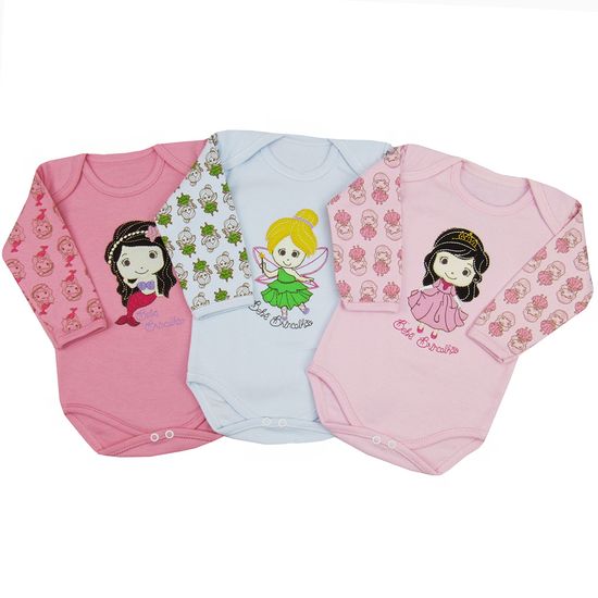 Body Bebê Feminino Manga Longa Kit com 3 Unidades-P