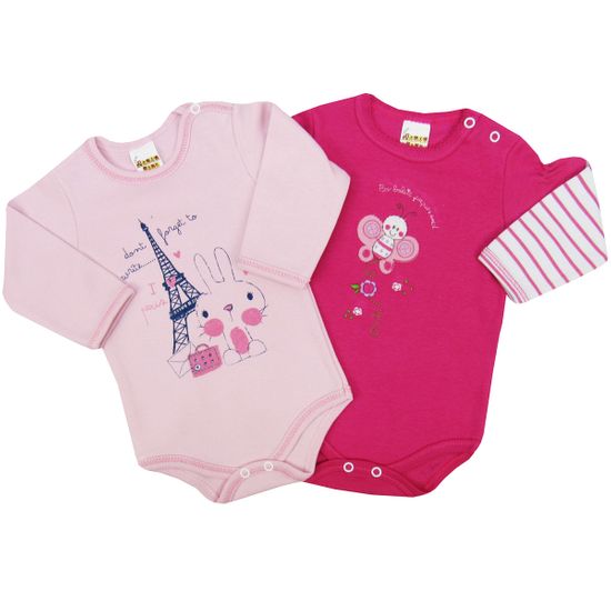 Body Bebê Feminino Manga Longa Rosa e Pink Kit com 2 Unidades-P