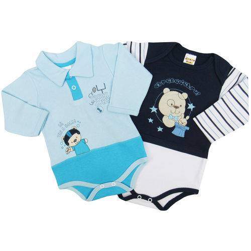 Body Bebê Masculino Manga Longa Azul Claro e Azul Marinho Kit com 2 Unidades