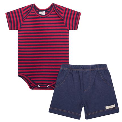 Body Curto C/ Shorts para Bebê em Suedine Strisce - Piu Blu