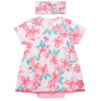 Body Vestido C/ Faixa Turbante para Bebê em Cotton Flowers - Pingo Lelê